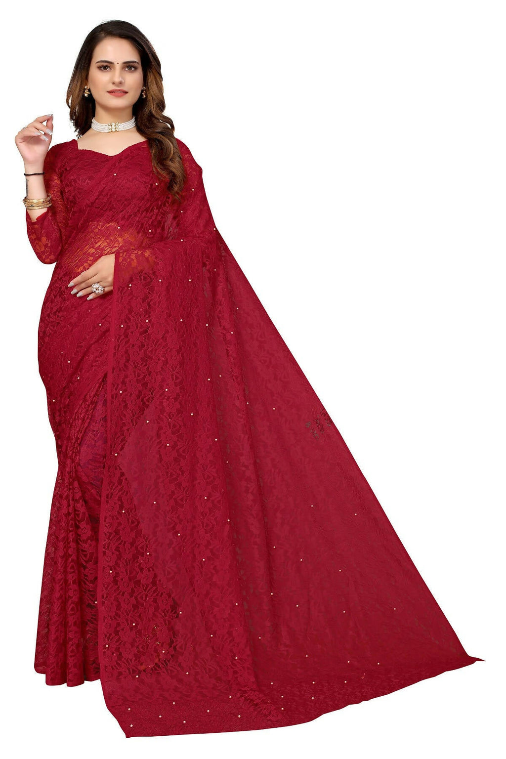 Vamika Maroon Pearls Net Saree | Grocsy
