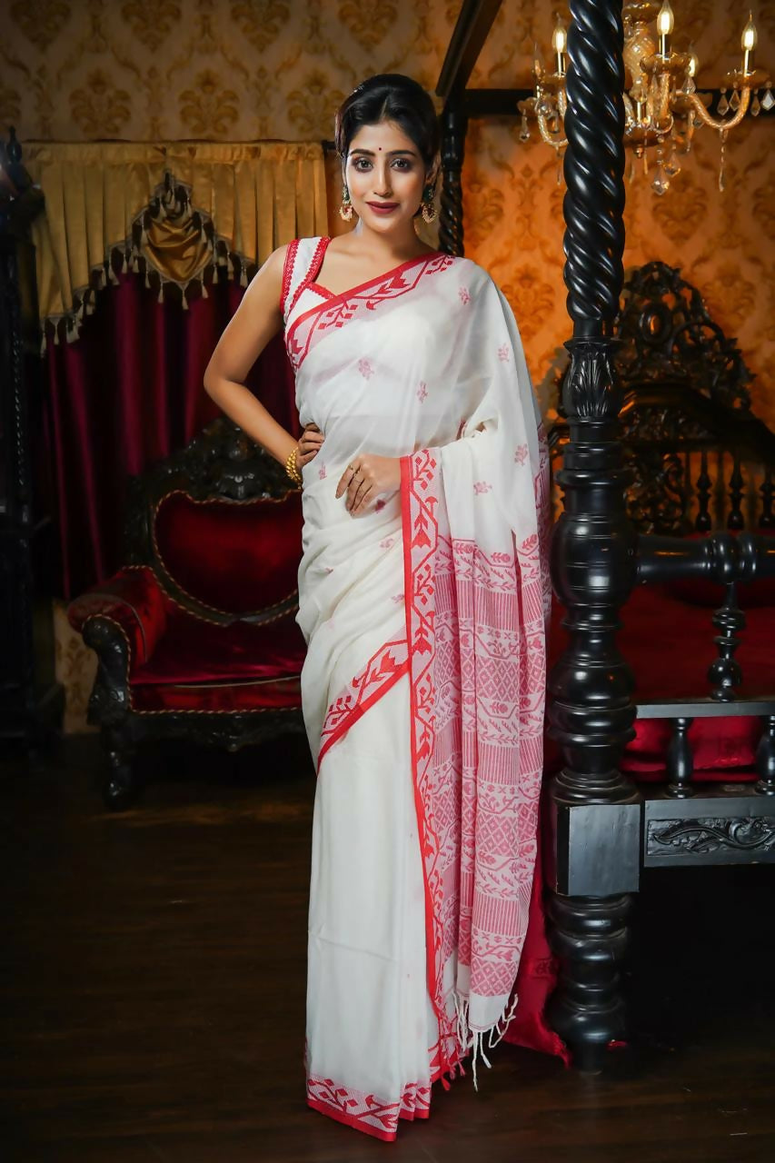 Exclusive Collection Beautiful Musrise White Pure Cotton Hand Weaving Handloom Saree With Running Blouse Piece | Grocsy
