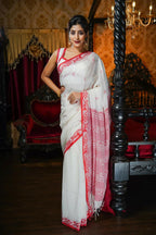 Exclusive Collection Beautiful Musrise White Pure Cotton Hand Weaving Handloom Saree With Running Blouse Piece | Grocsy
