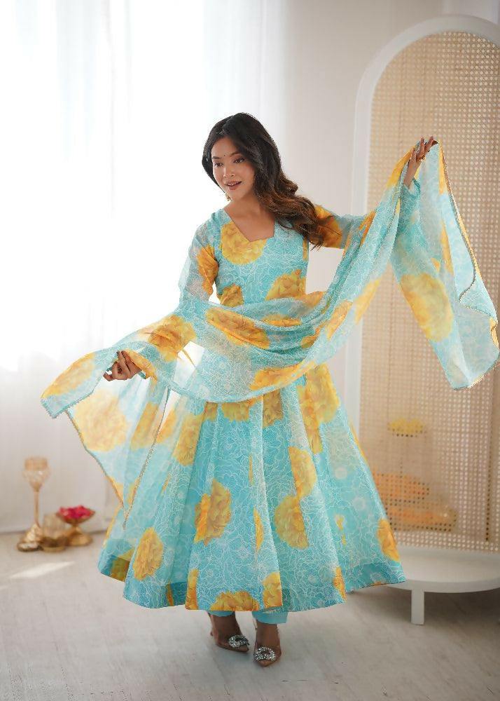 Teeya Creation Multi Color Soft Organza Silk Digital Print Party Wear Gown | Grocsy