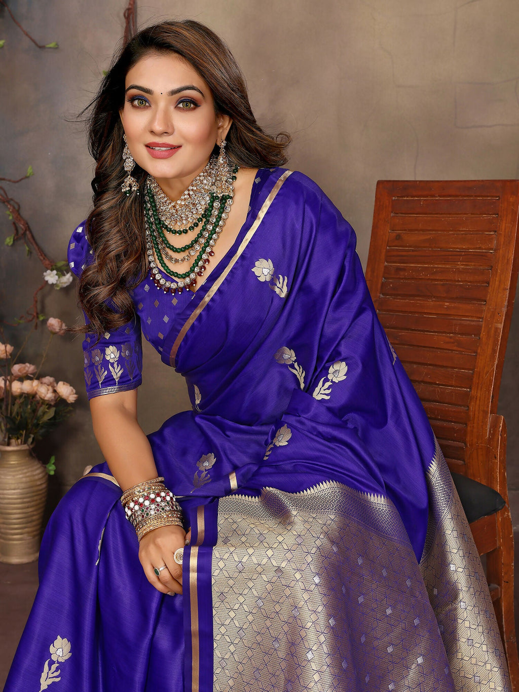 Joban Fashion Indigo Blue Floral & Botanical Motifs Satin Silk Banarasi Silk Saree | Grocsy