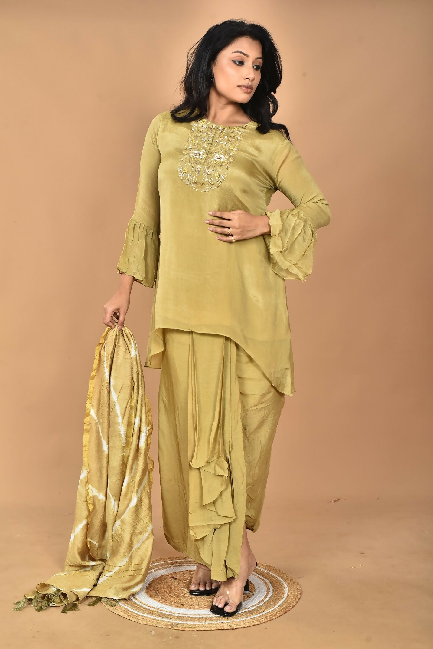 Morchari Women And Hand Embroidery Palazzo Set-Mehandi Green | Grocsy