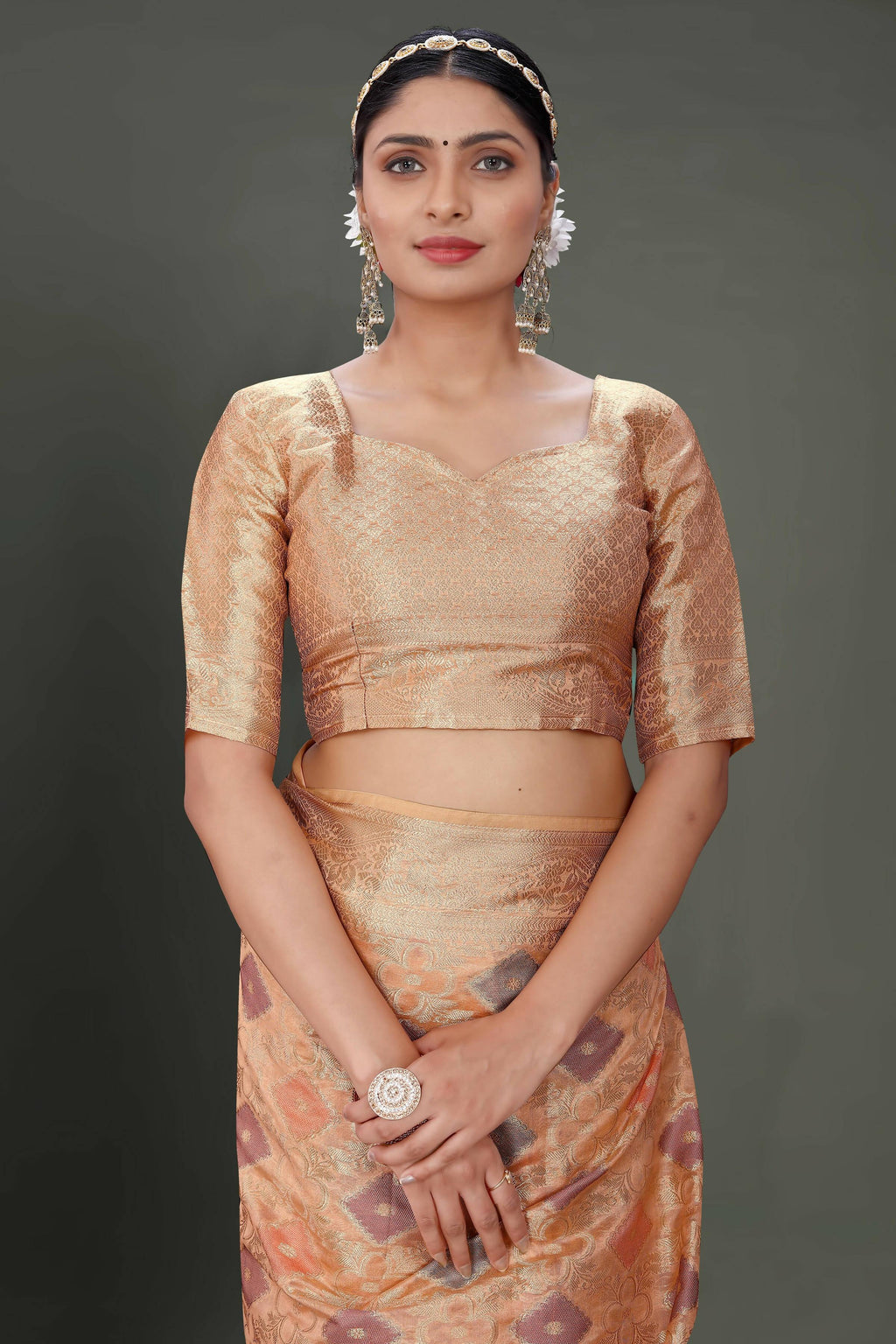 Peach Soft Organza Woven Design Saree With Unstitched Blouse Piece - Zaara | Grocsy