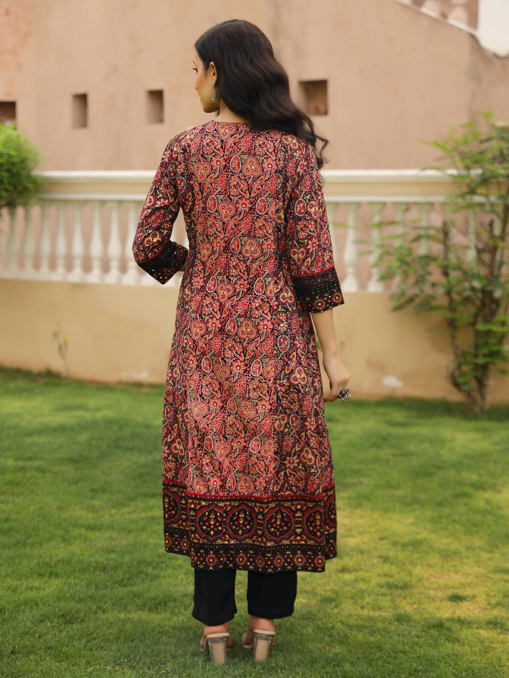 Juniper Women's The Mahautsavam Black Ethnic Motif Printed Muslin Shrug Inner & Pant Set With Thread & Mirror Work | Grocsy