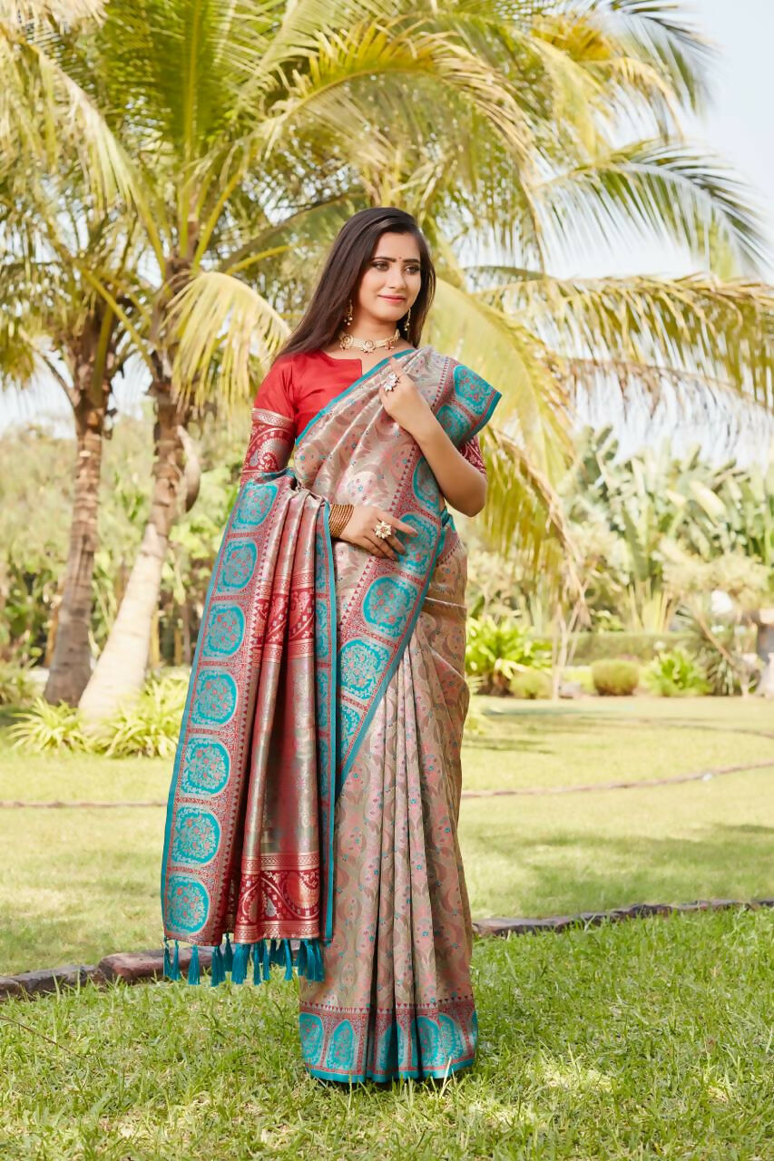 Vastranavya Boutique Collection Kanjivaram Soft Silk Saree With Unstitched Blouse - Peach | Grocsy