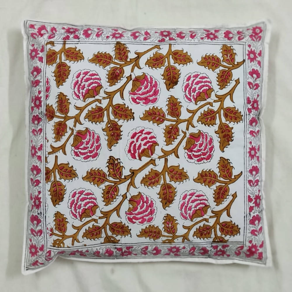 The Decor Nook Pink Brown Floral Print With Pink Border Cushion Cover | Grocsy