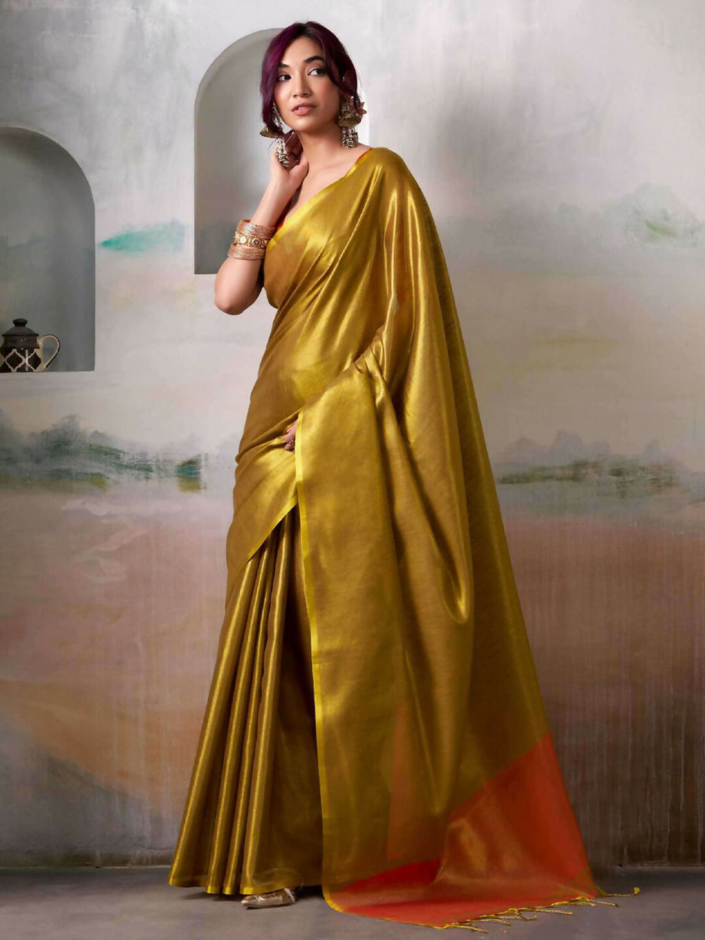 Shree Shyam Fashion Tissue Silk Mustard Saree | Grocsy