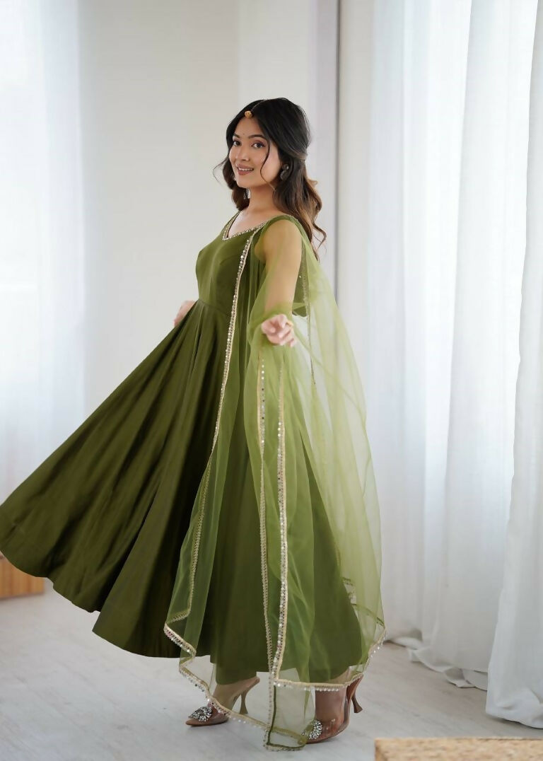 Teeya Creation Green Color Pure Roman Silk Mirror Lace Party Wear Gown | Grocsy