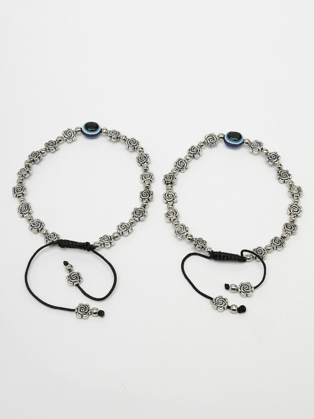 NVR Women's Evil Eye Black Silver Plated Adjustable Anklets | Grocsy