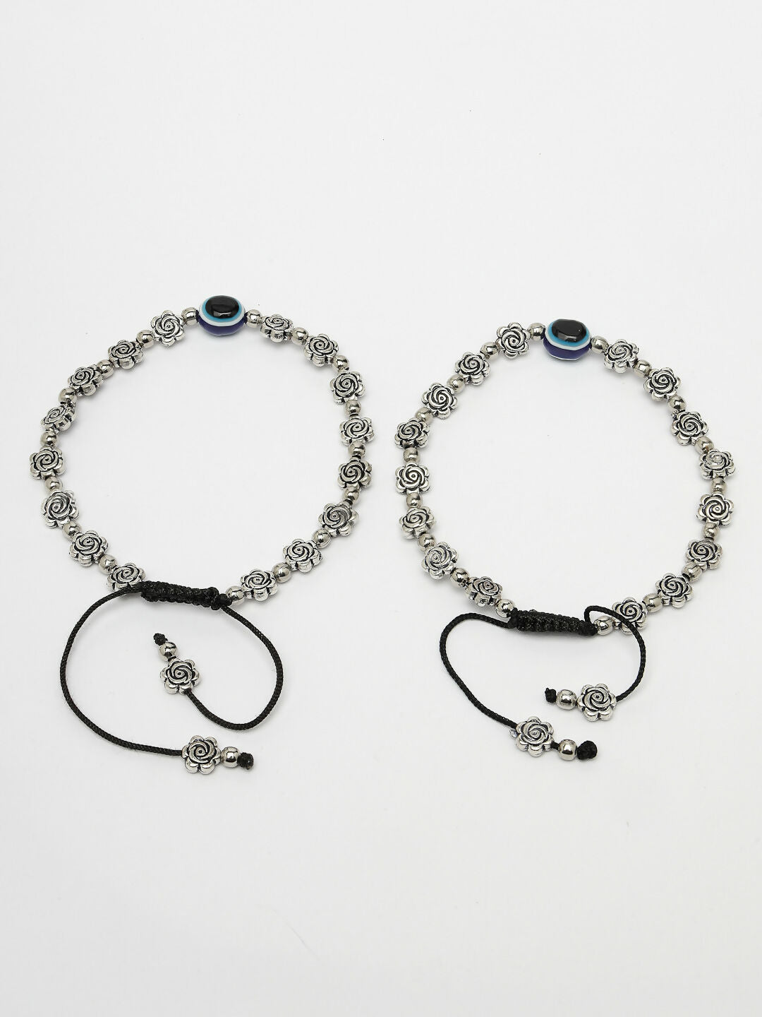 NVR Women's Evil Eye Black Silver Plated Adjustable Anklets | Grocsy