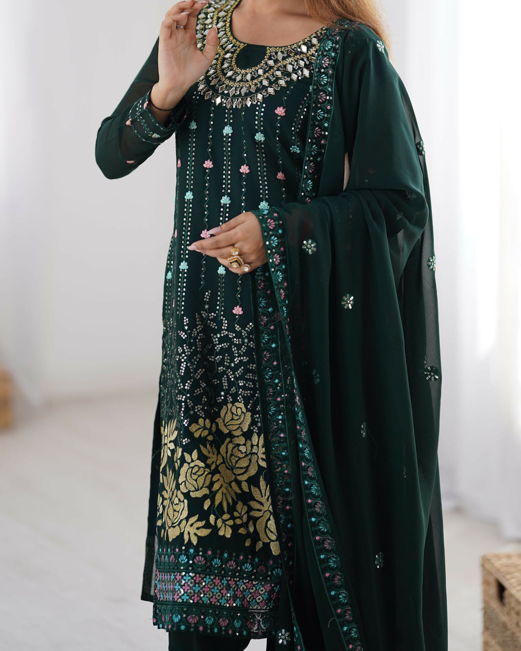 Joban Fashion Dark Green Kurta set with Pant Georgette Thread with Sequins work | Grocsy