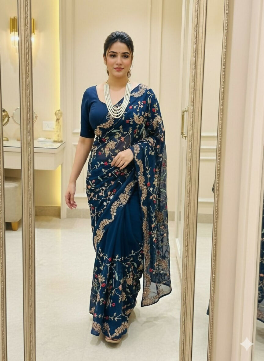 Teeya Creation Womens New Trendy Party Wear Wedding Collection Silk Saree-Blue | Grocsy