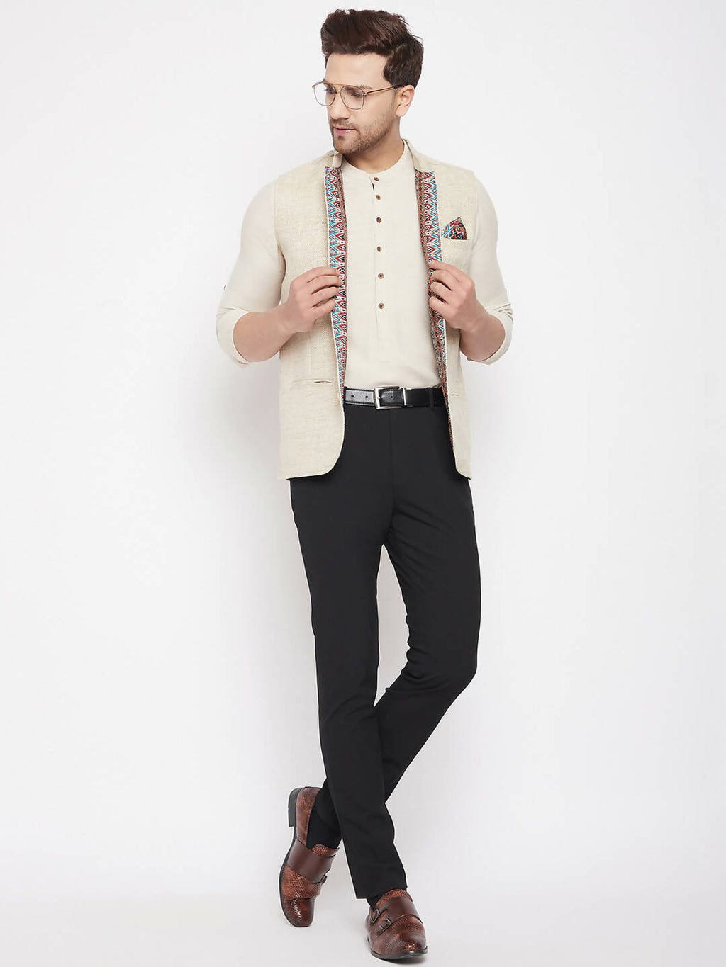 Even Apparels Beige Linen Men Woven Nehru Jacket | Grocsy