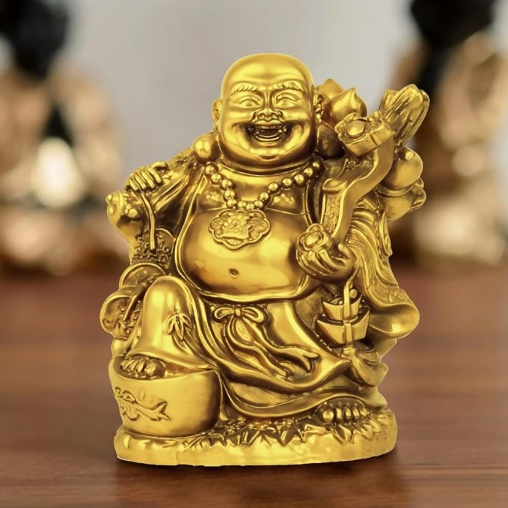 Tied Ribbons Decorative Good Plated Luck Laughing Buddha Idol Statue Showpiece | Grocsy