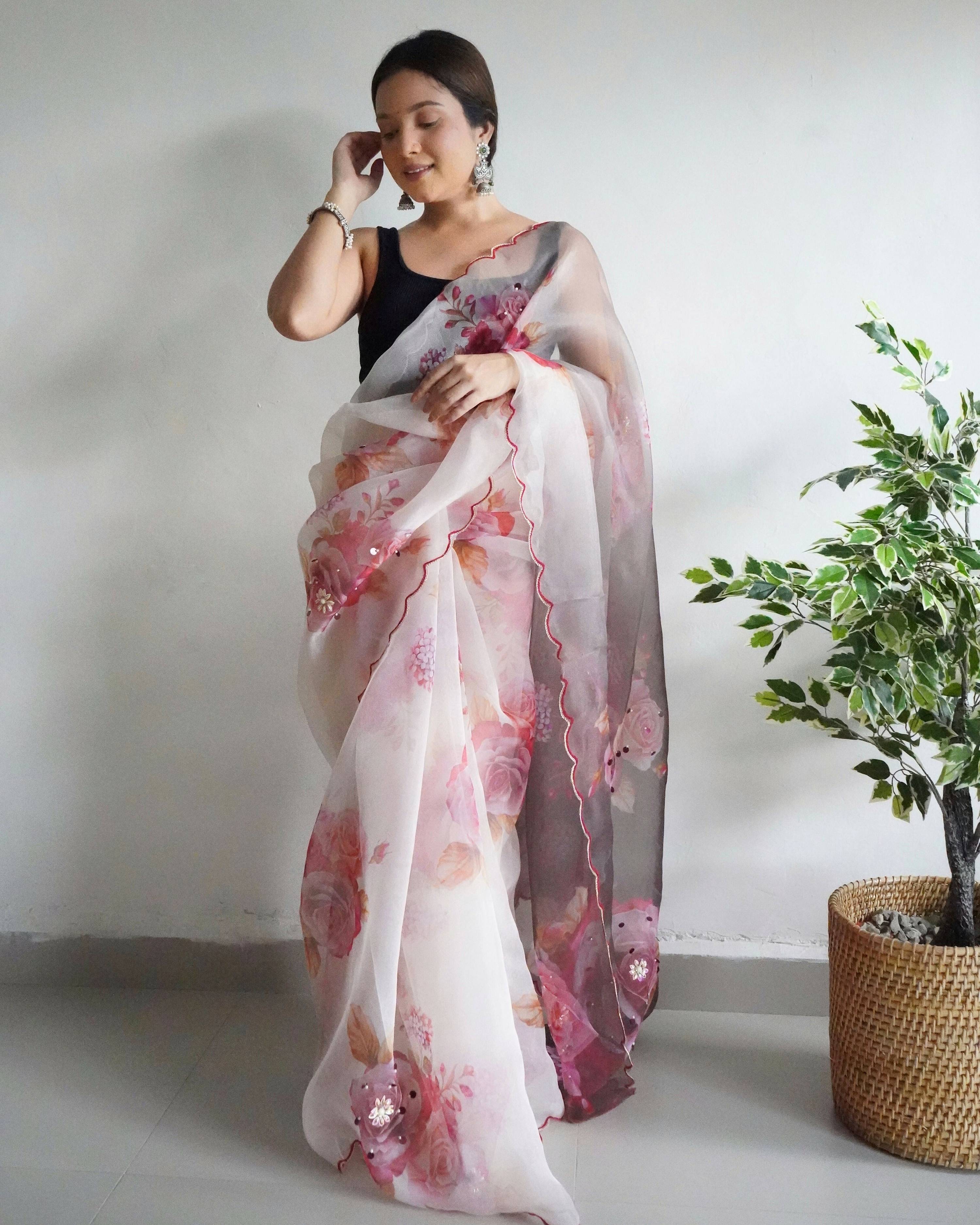 Vamsee Ramya Off White Organza Saree | Grocsy