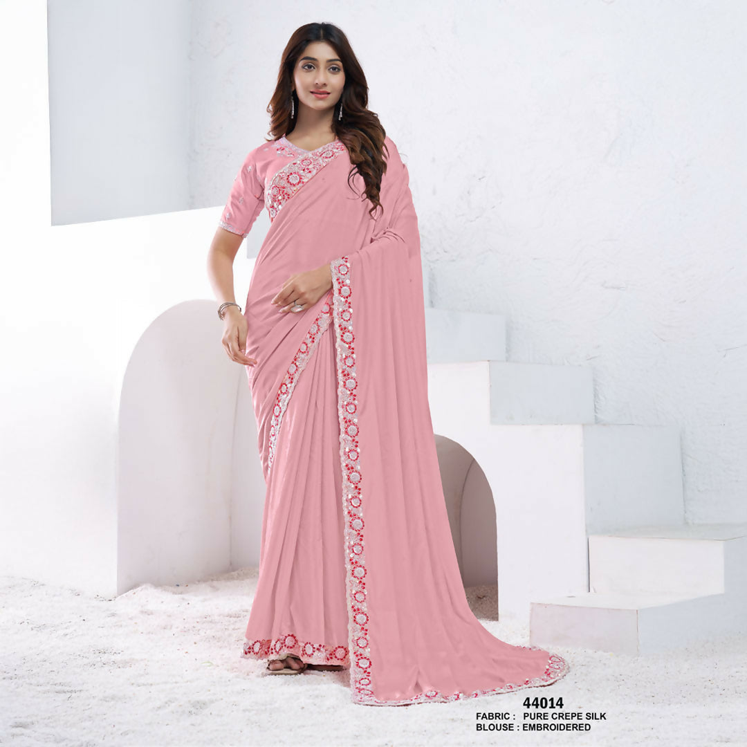 Light Pink Pure Crepe Silk Sequence With Hand Work Saree With Unstitched Blouse - Norita Swaraa | Grocsy