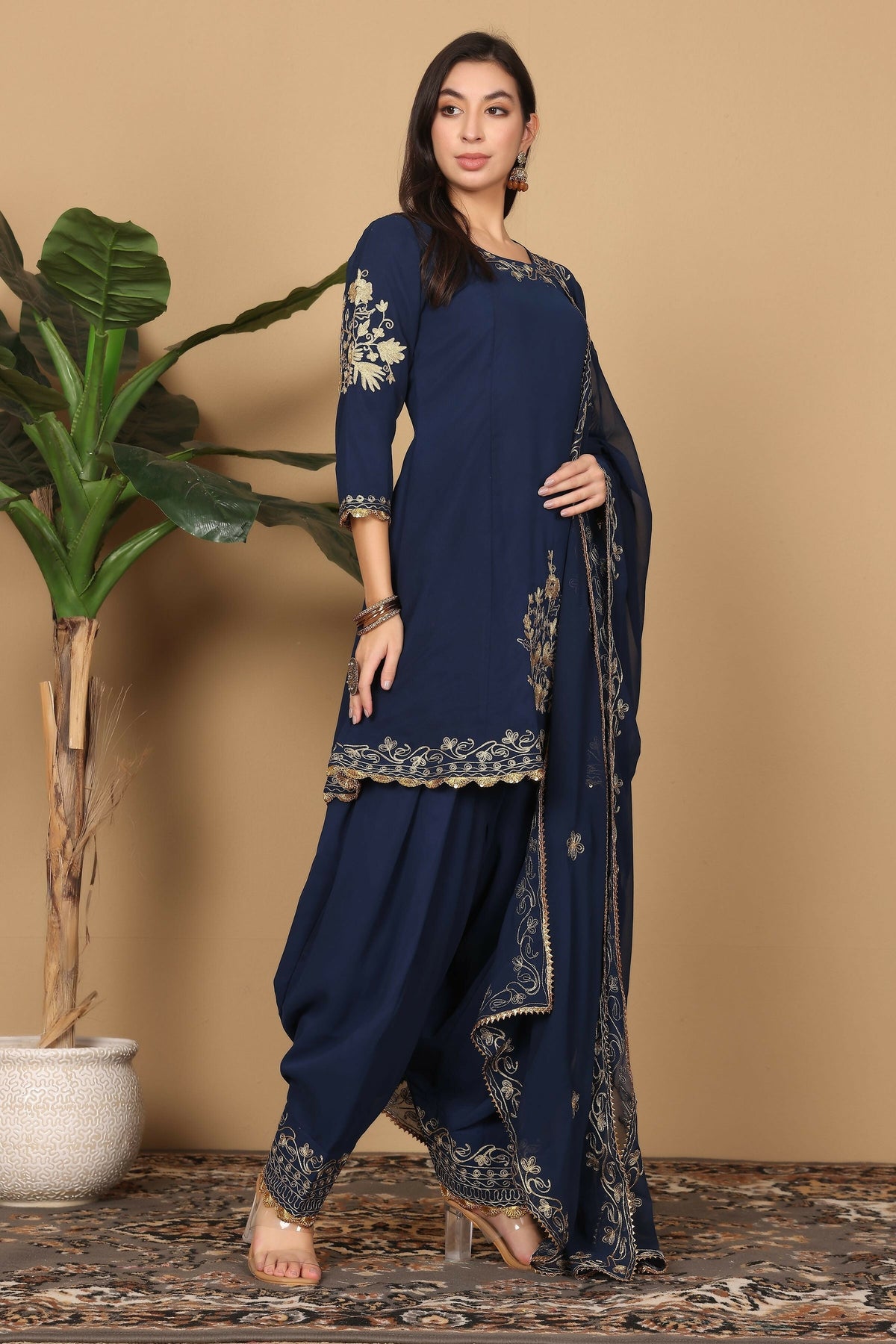 Joban Fashion Navy Blue Georgette Kurta Set | Grocsy