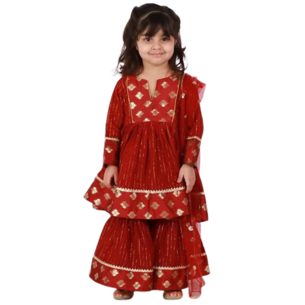 Little Bansi Girls Maroon Color Brocade patch work Kurta Frock with Sharara and Dupatta | Grocsy