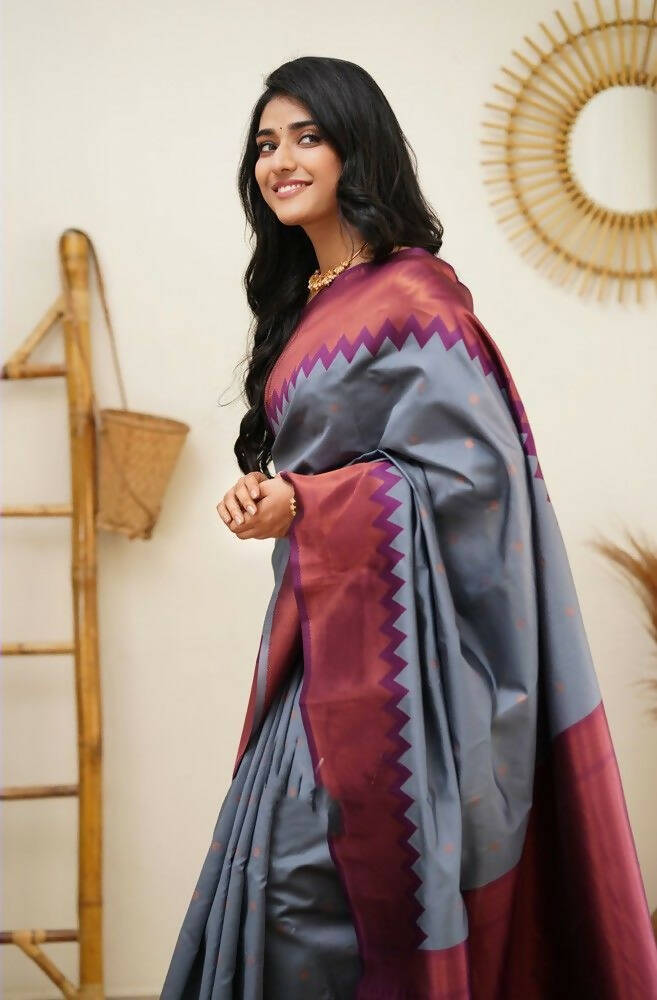 DEIANA'S Beautiful Designer Golden zari Soft Lichi Silk Saree - Grey | Grocsy