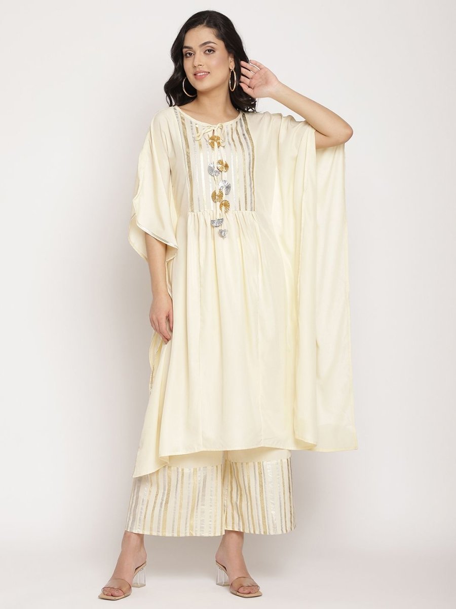 Ahalyaa Women Off White Printed Gotta Patti Kaftan Style Kurta With Palazzos | Grocsy