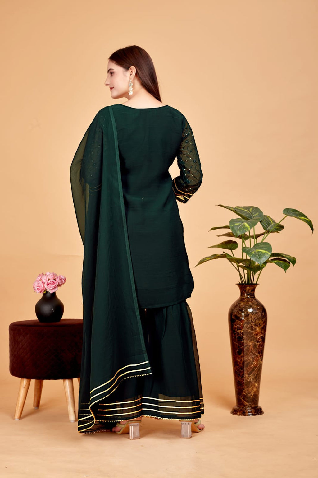 Women's A-Line Green Kurta and Sharara With Dupatta Set - A2M | Grocsy