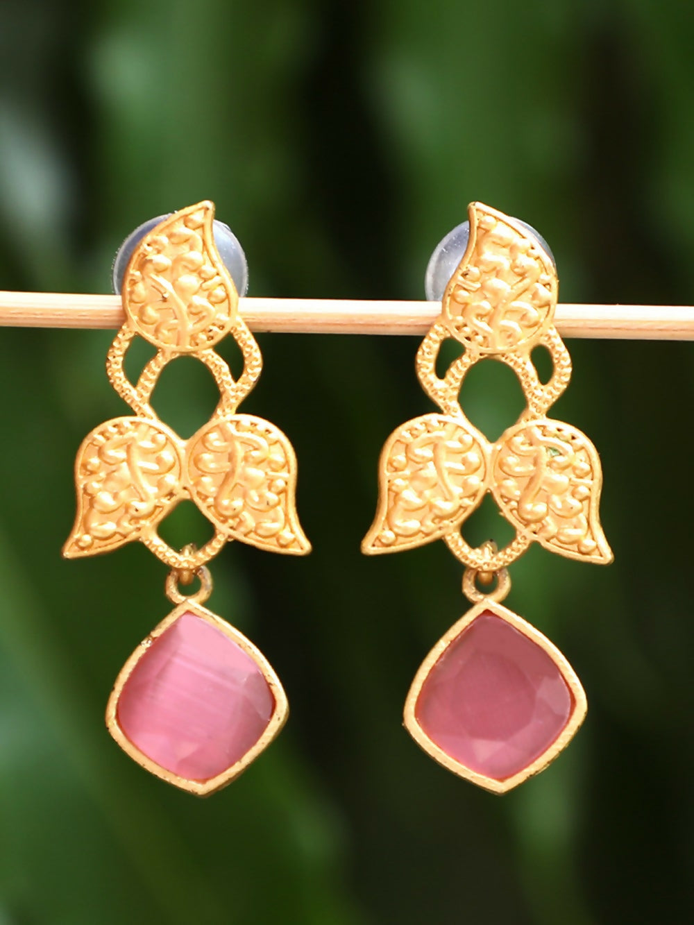 Joban Fashion Women Pink Stone Matte Gold Earrings | Grocsy