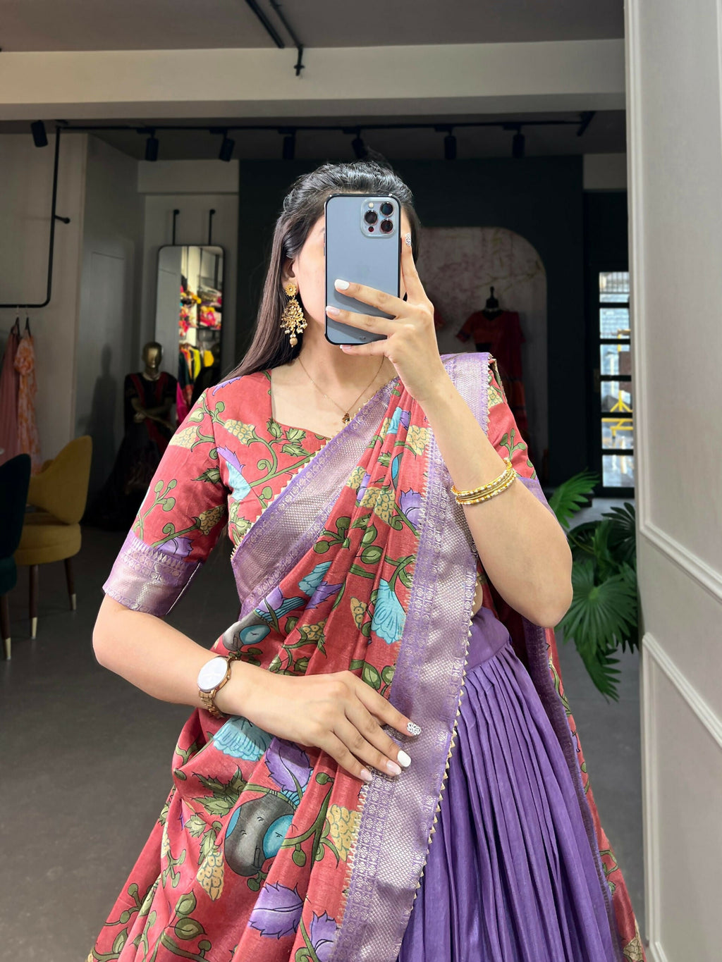Vastranavya Kalamkari Printed Dola Silk Lehenga Choli - Lavander | Grocsy