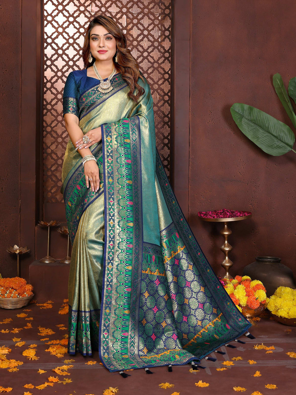 Aastha Fashion Sea Green Tissue Silk Weaving Saree | Grocsy