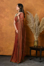 Very Much Indian Designer Mul Cotton Handloom Saree with Sequins - Dual Tone Red Green | Grocsy