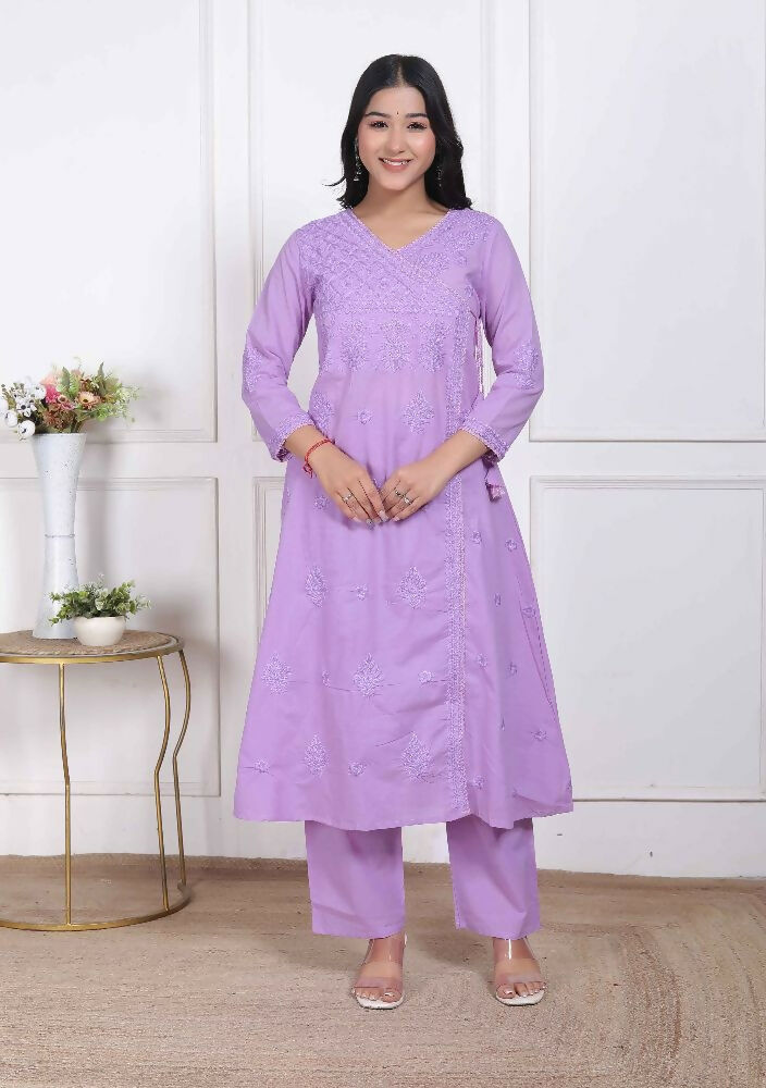 Miravan Womens Lavender Angrakha Kurta Set | Grocsy