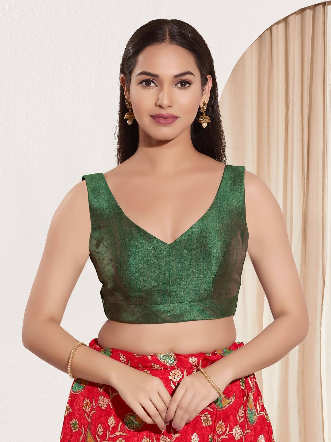 Joban Fashion Dark Green Mulberry Silk Padded Blouse With Round Neck Sleeveless | Grocsy