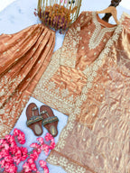 Teeya Creation Peach Pure Silk Gimmy Silk Heavy Embroidery Work Wedding Wear Palazzo Pair | Grocsy
