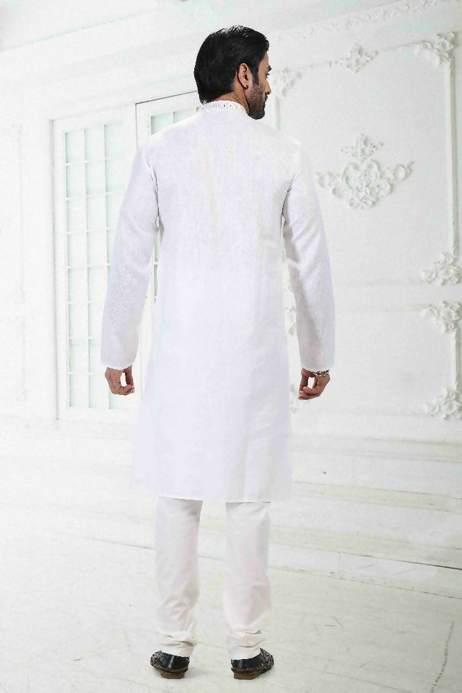 Raivat Ethnic Linen Cotton Thread Work Kurta Pajama In Off White Colour | Grocsy