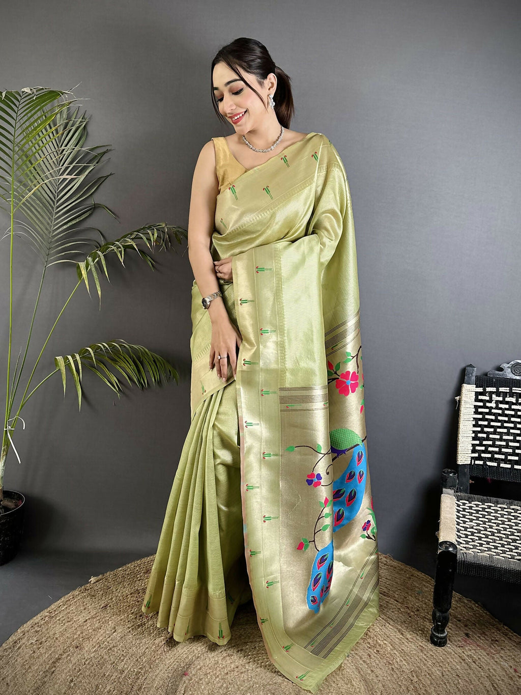 Joban Fashion Pista Green Peacock & Floral Motifs Tissue Paithani Saree | Grocsy