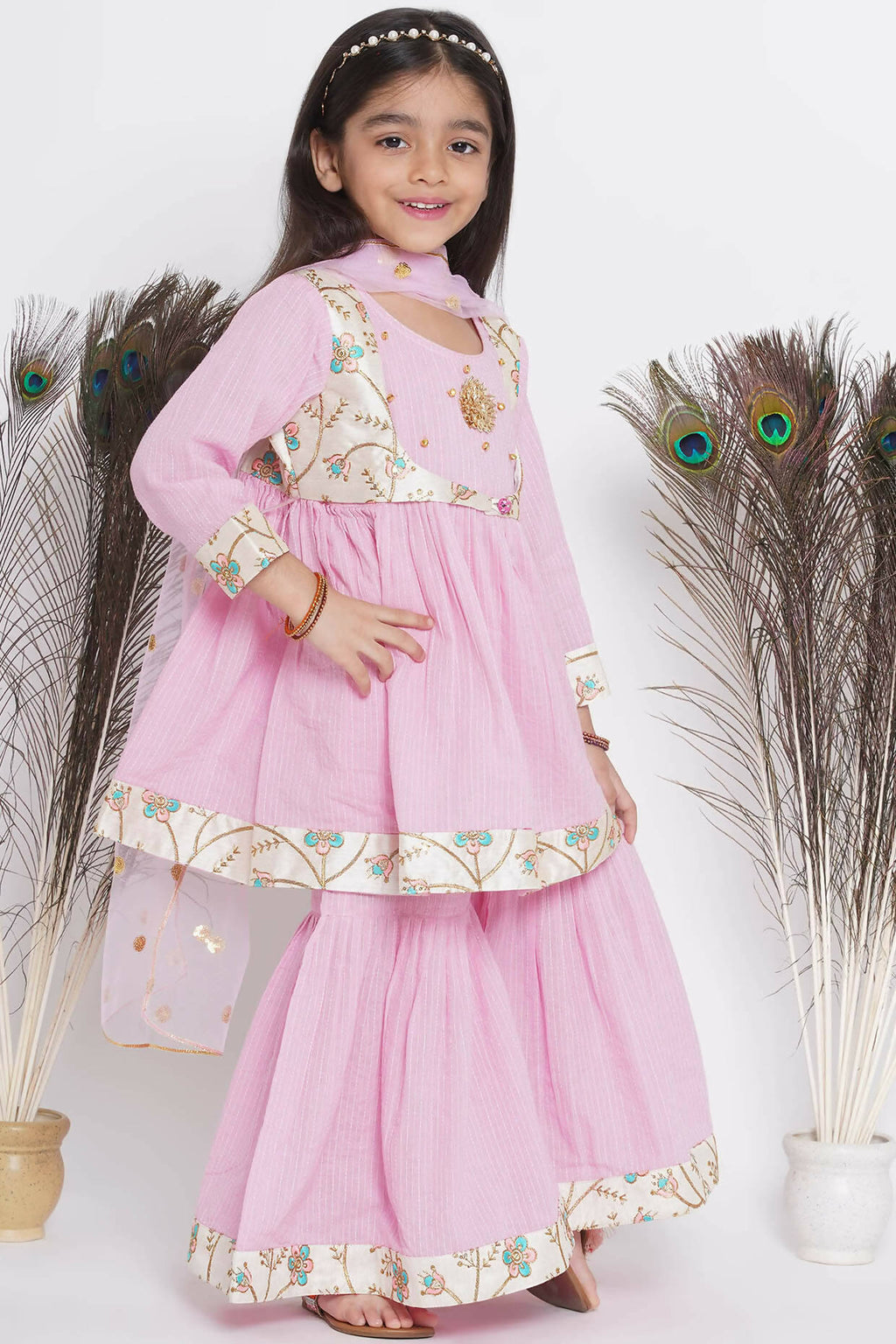 Little Bansi Floral Embroidery Jacket With Cotton Kantha Frock Sharara And Dupatta With Ghungroo Handwork - Pink | Grocsy