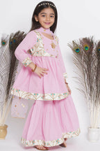 Little Bansi Floral Embroidery Jacket With Cotton Kantha Frock Sharara And Dupatta With Ghungroo Handwork - Pink | Grocsy