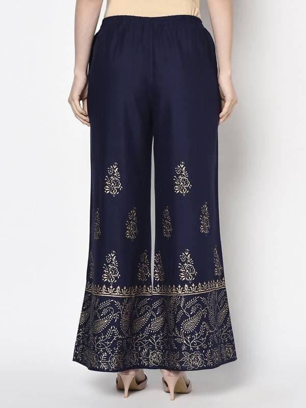 Aniyah Rayon Navy Blue Color Block Print Flared Slip-On Palazzo (AN-211K) | Grocsy