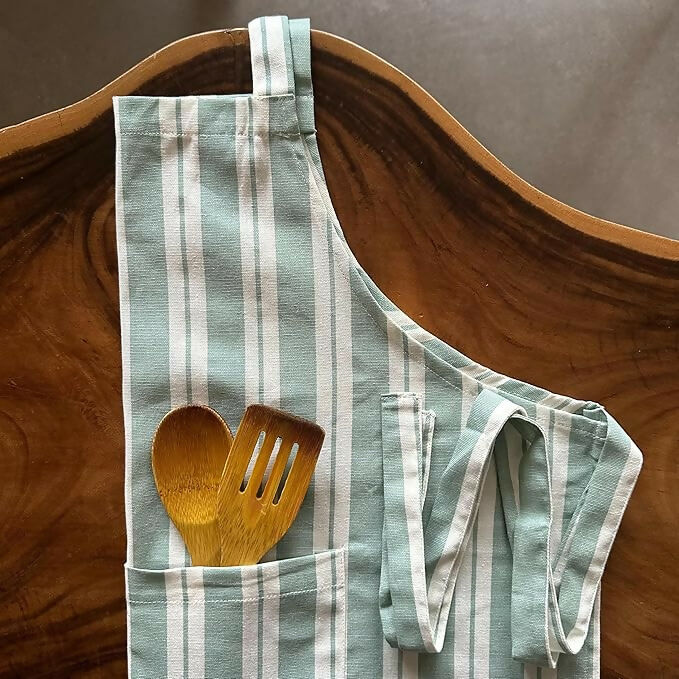 Oak & Lily 100% Cotton Kitchen Apron-Green Striped | Grocsy