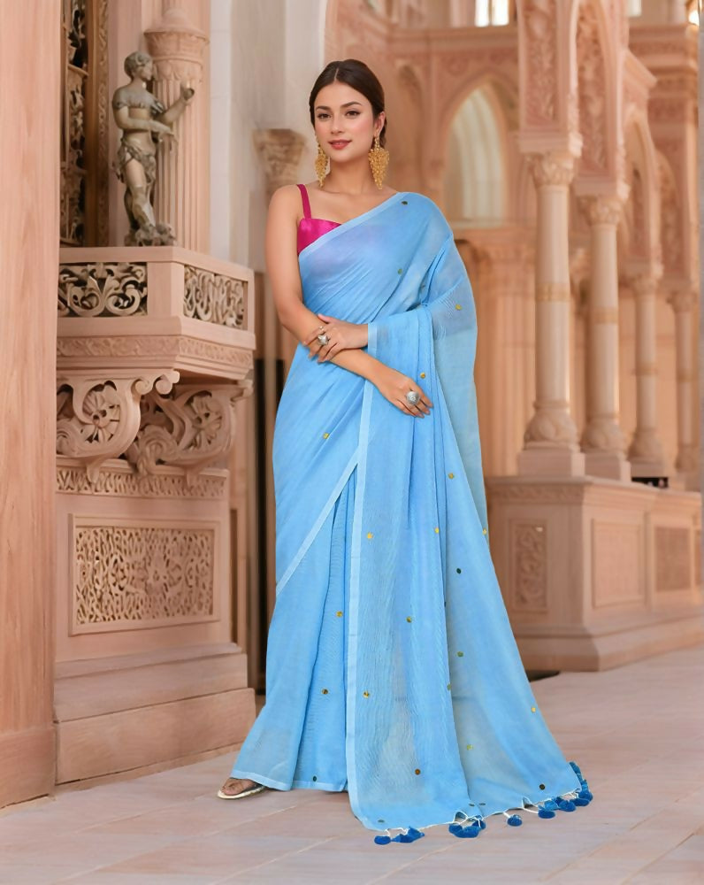 Joban Fashion Women Sky Blue Trendy Cotton Saree | Grocsy