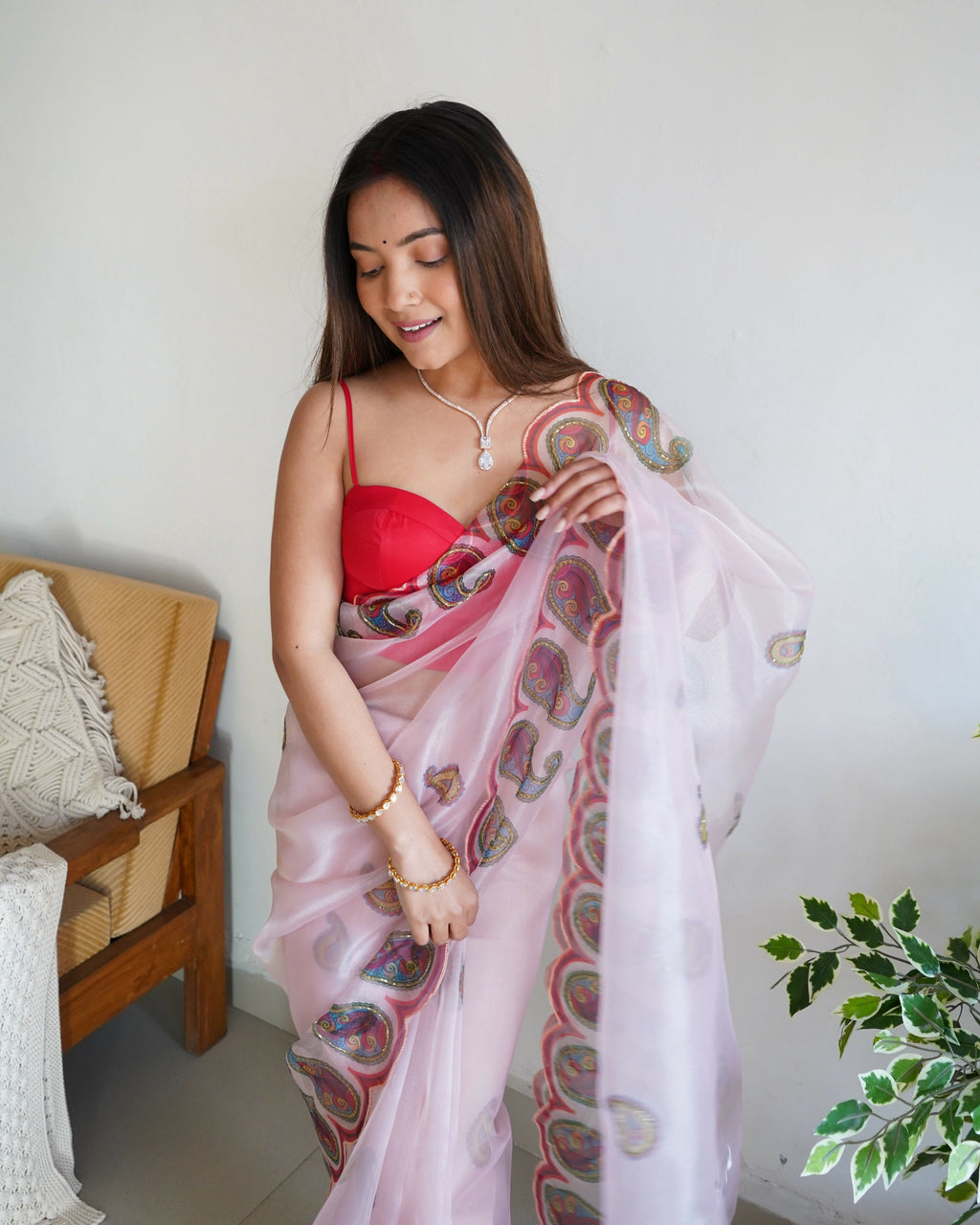 Vamsee Shivika Baby Pink Organza Saree | Grocsy
