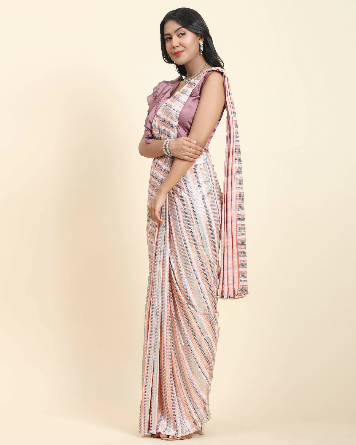 Peach Pure Georgette Sequence work Ready to wear Saree with stitched Blouse - Satiksha | Grocsy