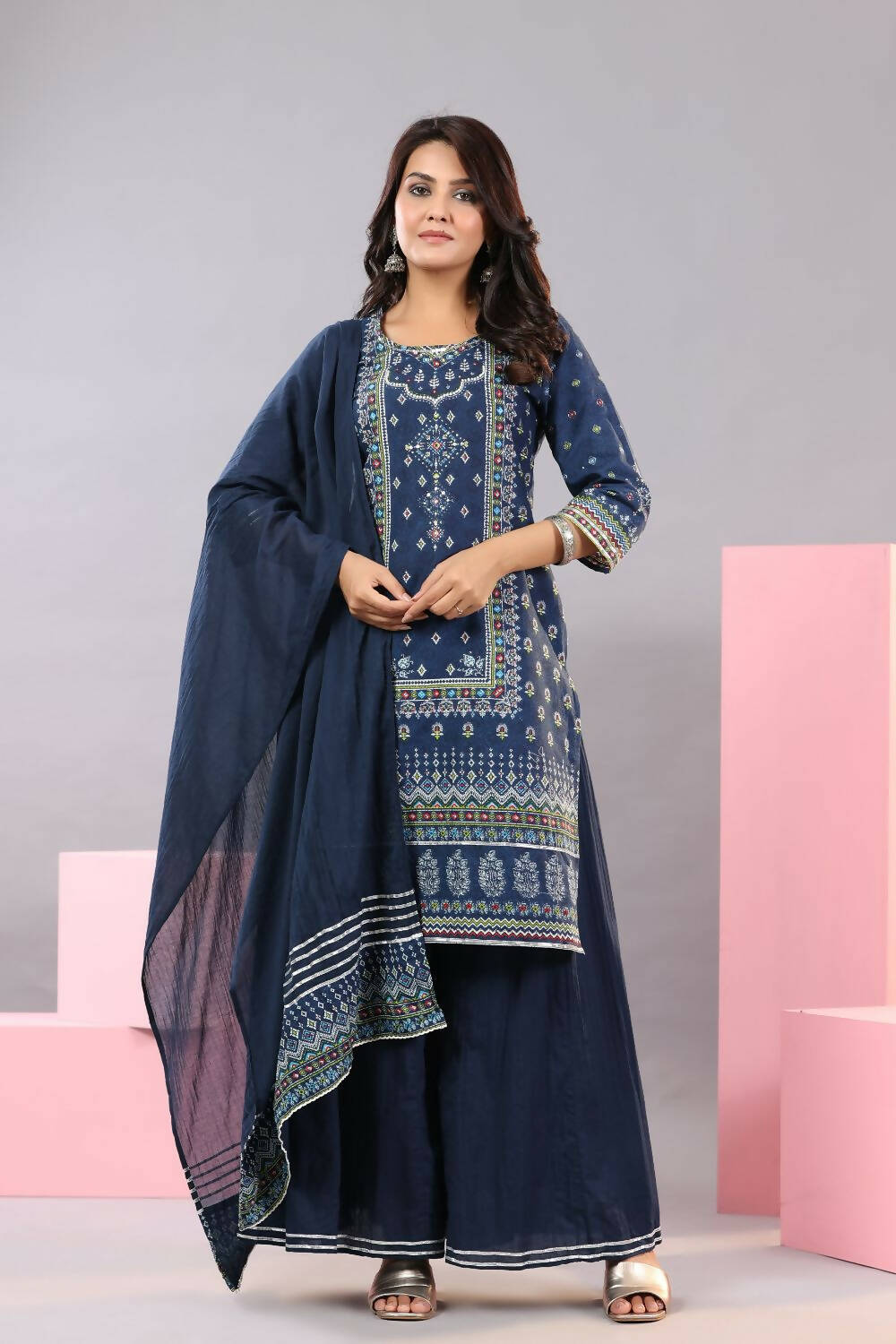 Juniper Women Indigo Cotton Cambric Printed Kurta, Palazzo and Dupatta Set | Grocsy
