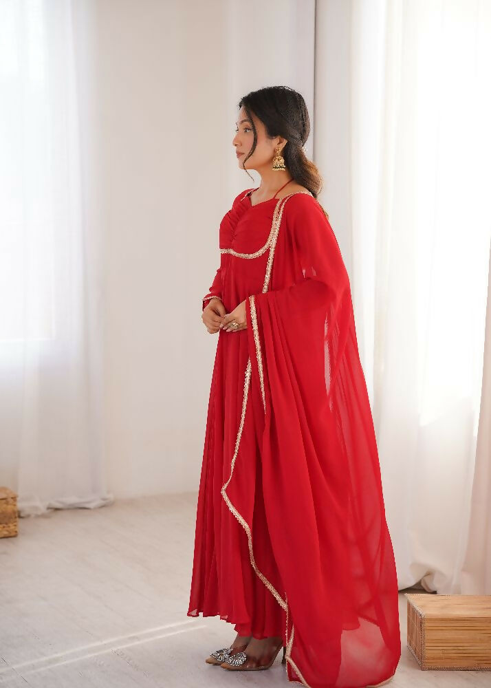 Teeya Creation Red Faux Georgette Designer Party Wear Long Gown | Grocsy