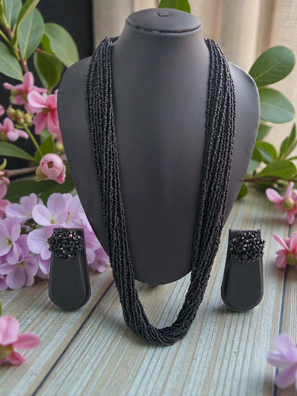 Inhanns Rangsaaz 20-Layer Luxe Long Beaded Necklace (With Optional Statement Earrings) - Black With Earring Long 20 Layer | Grocsy