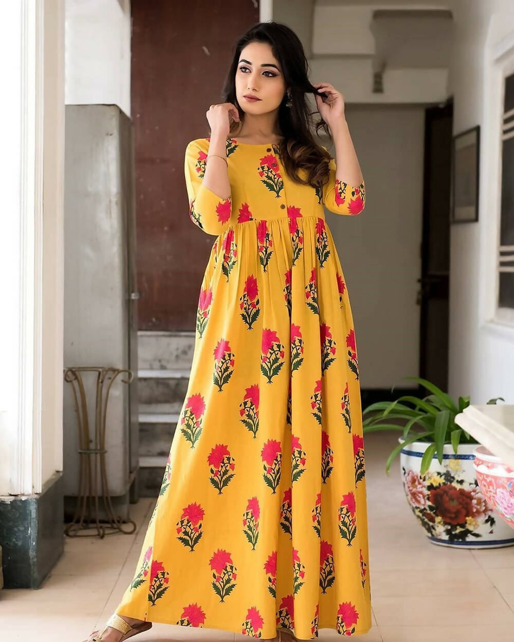 Partywear Designer Gold Yellow Pure Maslin Gown - Anbazaar | Grocsy