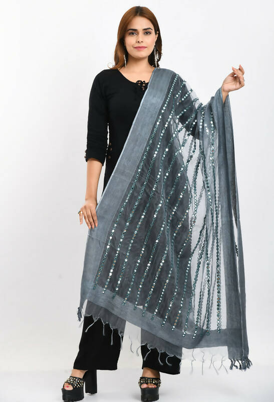 Mominos Fashion Moeza Women's Orgenza Mirror Stripe Thread Work Grey Dupatta | Grocsy