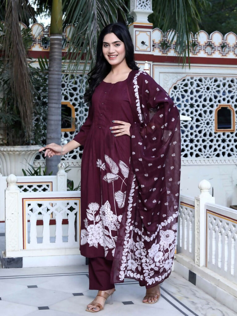Miravan Women's Wine Pintucks Cotton Floral Elegant Straight Kurta and Palazzo with Dupatta Set | Grocsy