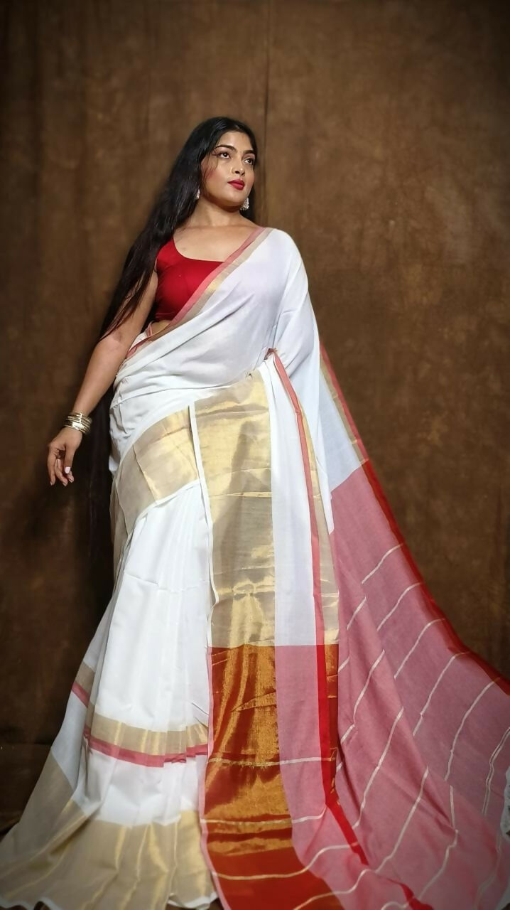 Exclusive Collection White Red Pure Cotton Handloom Gorgeous Saree | Grocsy