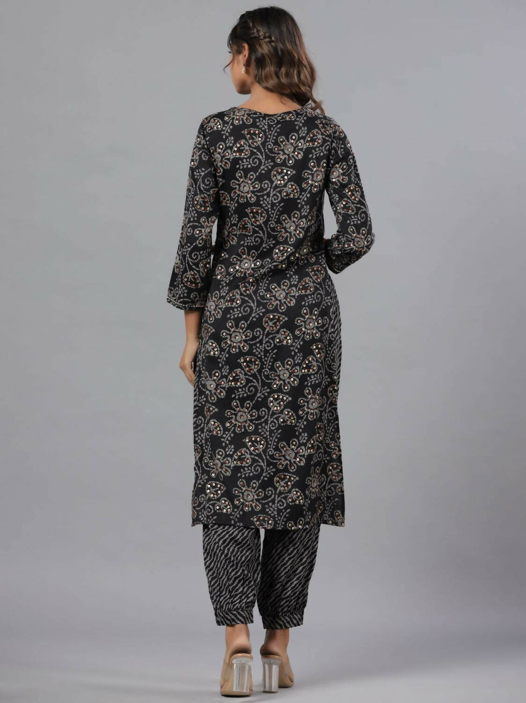 Juniper Women Black Rayon Slub Printed with Embroidered Kurta and Pants Set | Grocsy