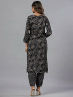 Juniper Women Black Rayon Slub Printed with Embroidered Kurta and Pants Set | Grocsy
